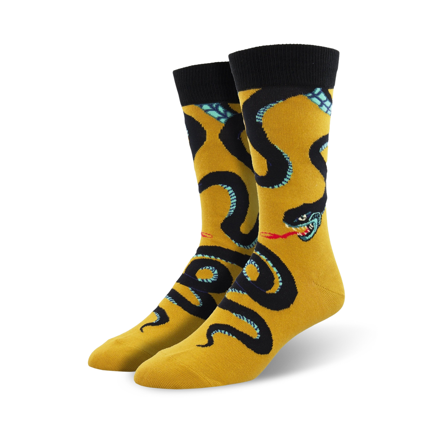 Pair of crew socks; yellow and black, or red and black.  Feature a bold graphic of a black snake with teal accents, wrapping around the sock.