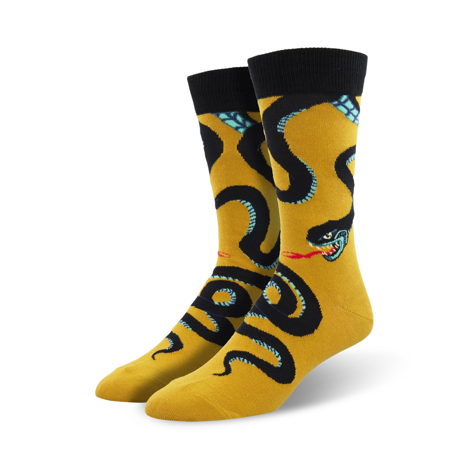 Pair of crew socks; yellow and black, or red and black.  Feature a bold graphic of a black snake with teal accents, wrapping around the sock.