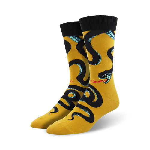 Pair of crew socks; yellow and black, or red and black.  Feature a bold graphic of a black snake with teal accents, wrapping around the sock.