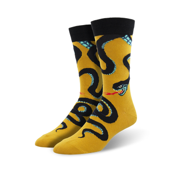 yellow crew socks with a pattern of blue and black snakes and red forked tongues for men.  