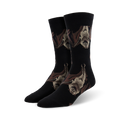 Pair of black crew socks with a pattern of brown and tan bats hanging upside down.