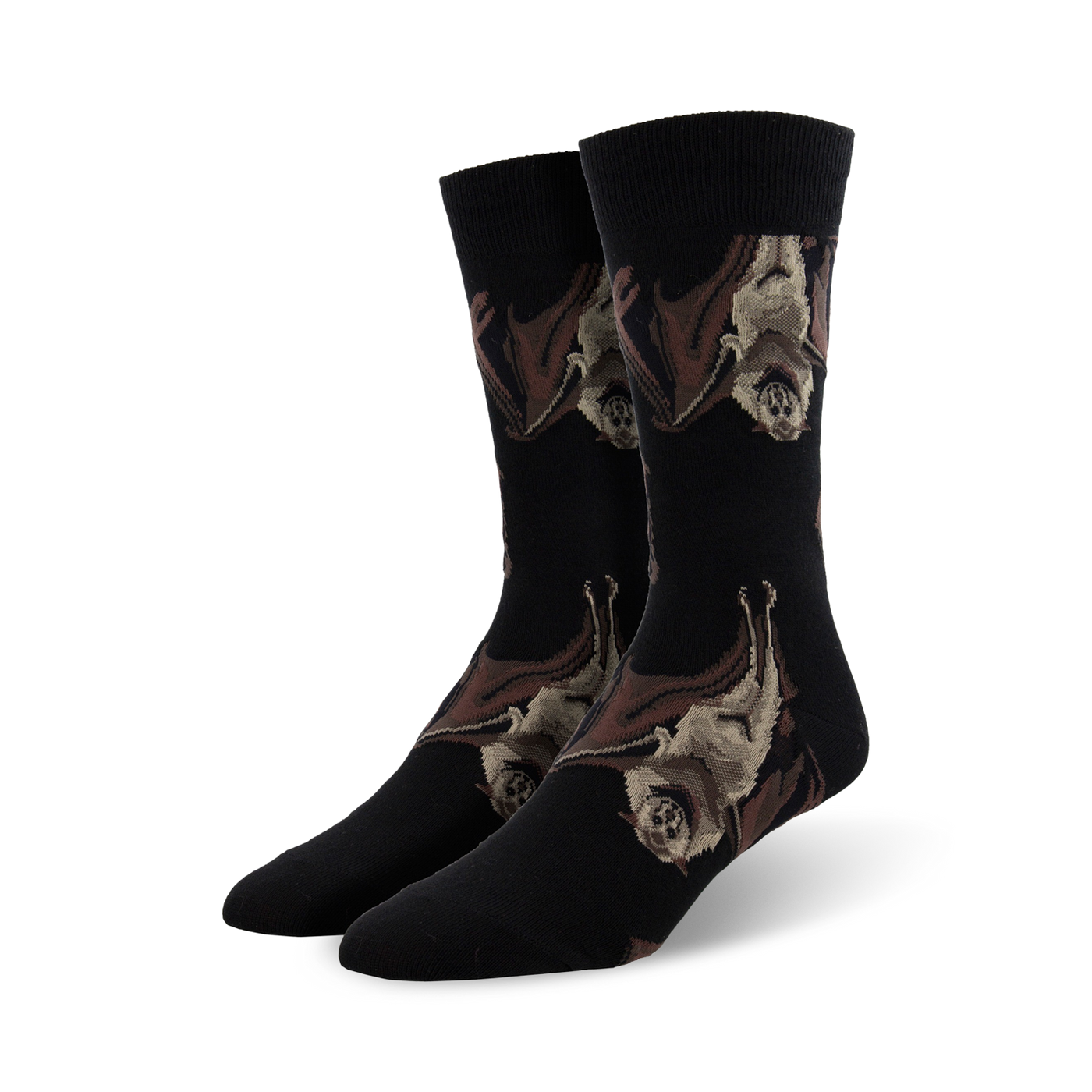 Pair of black crew socks with a pattern of brown and tan bats hanging upside down.