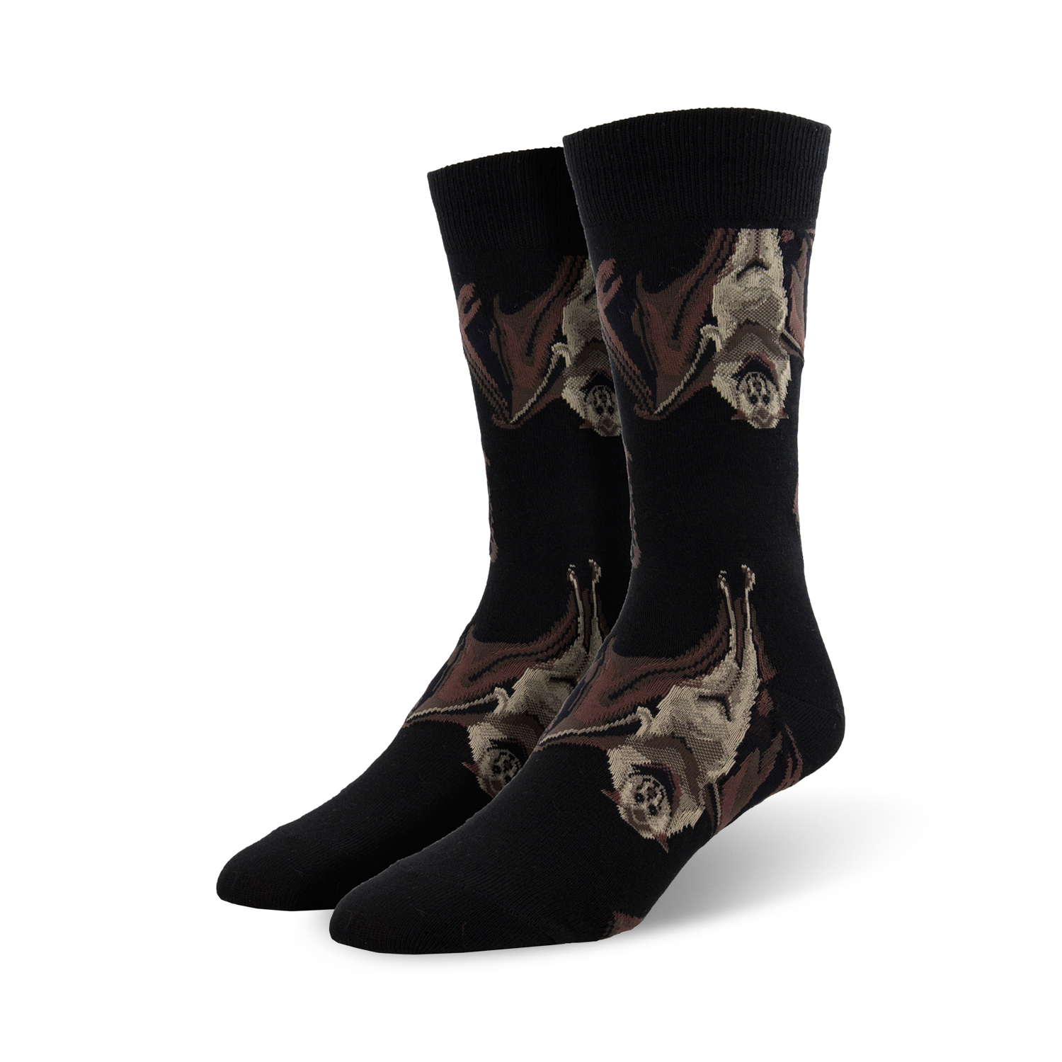 Pair of black crew socks with a pattern of brown and tan bats hanging upside down.