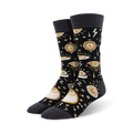 Pair of black crew socks with a gold and gray eye design. The eyes are surrounded by various symbols and patterns.