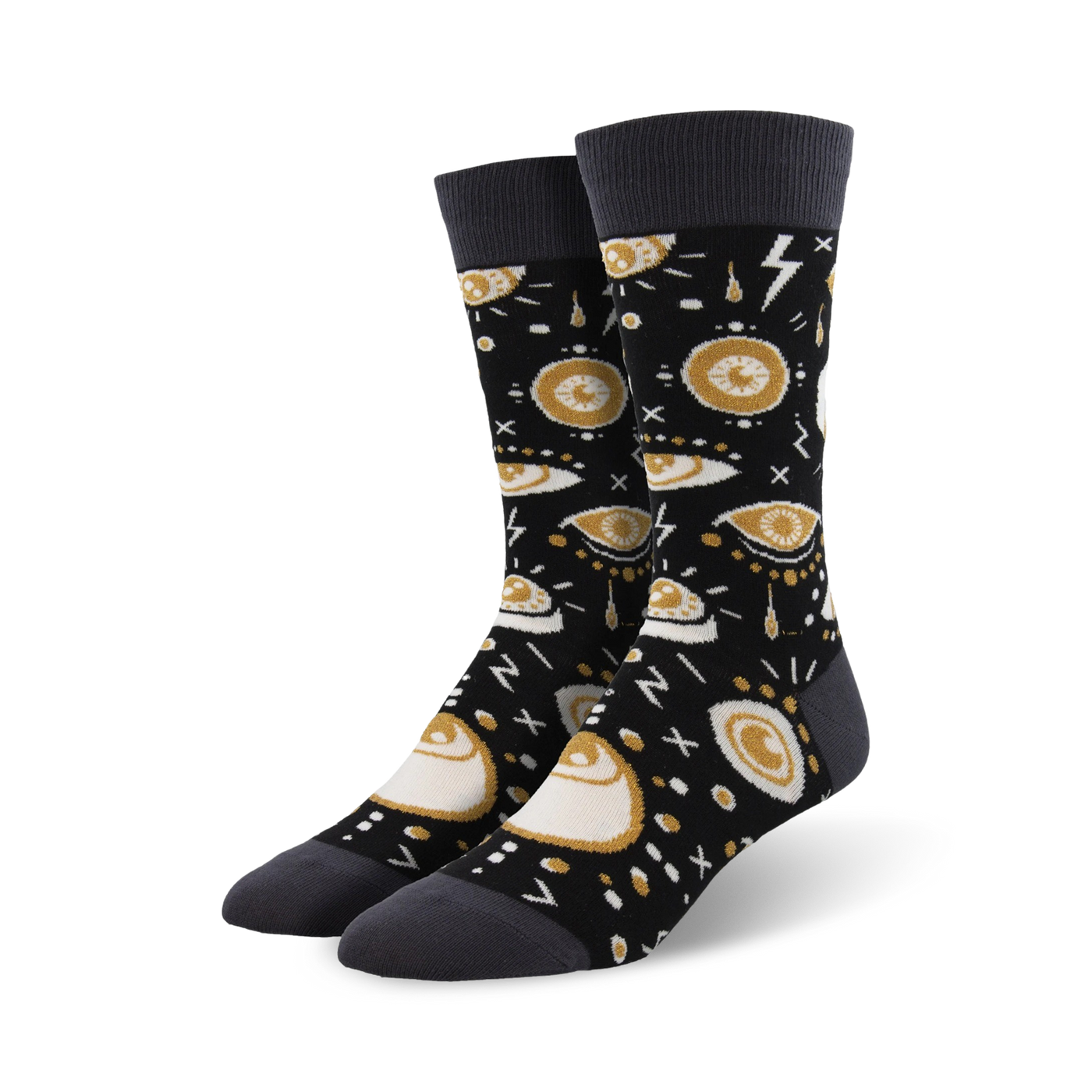 Pair of black crew socks with a gold and gray eye design. The eyes are surrounded by various symbols and patterns.
