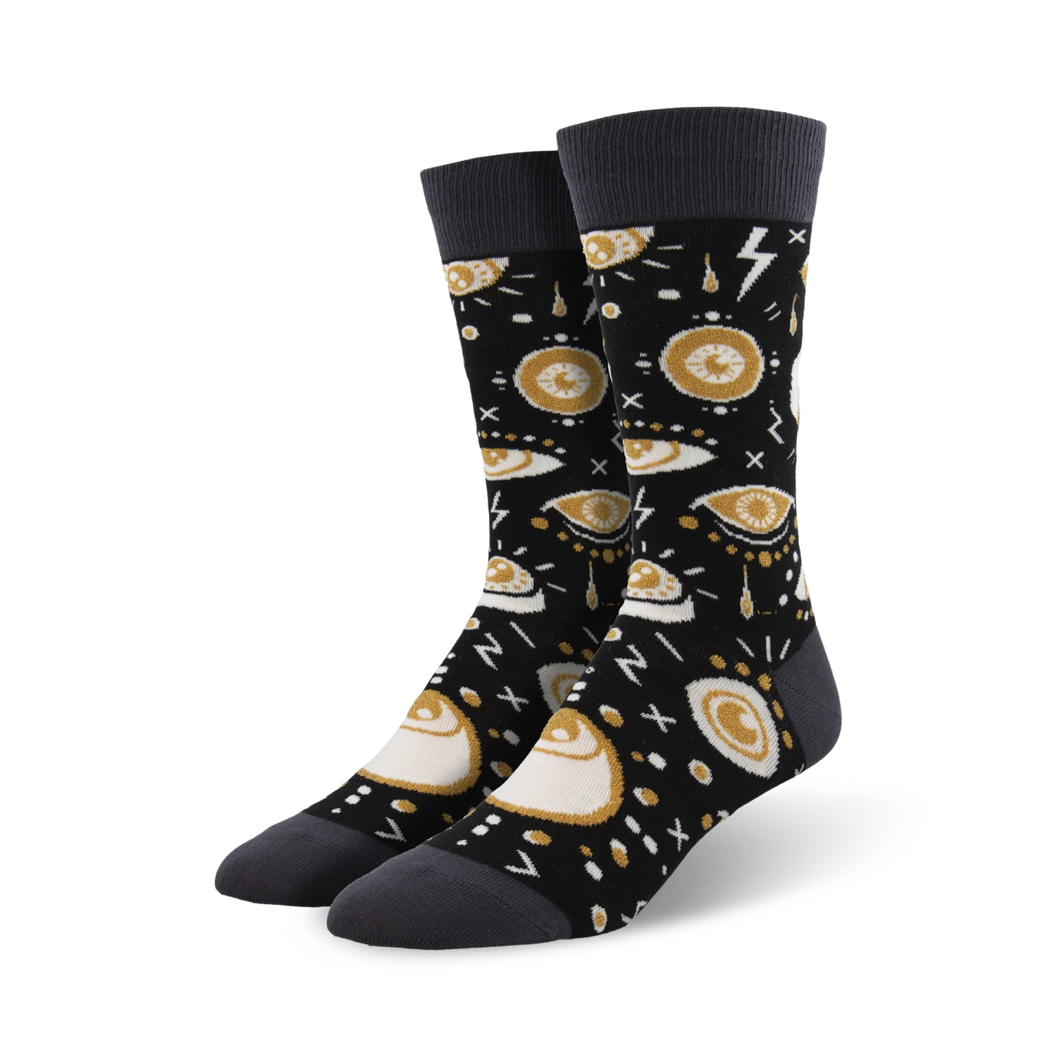 Pair of black crew socks with a gold and gray eye design. The eyes are surrounded by various symbols and patterns.