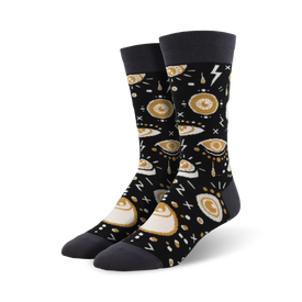 black crew socks with eyes, lightning bolts, and stars pattern.  