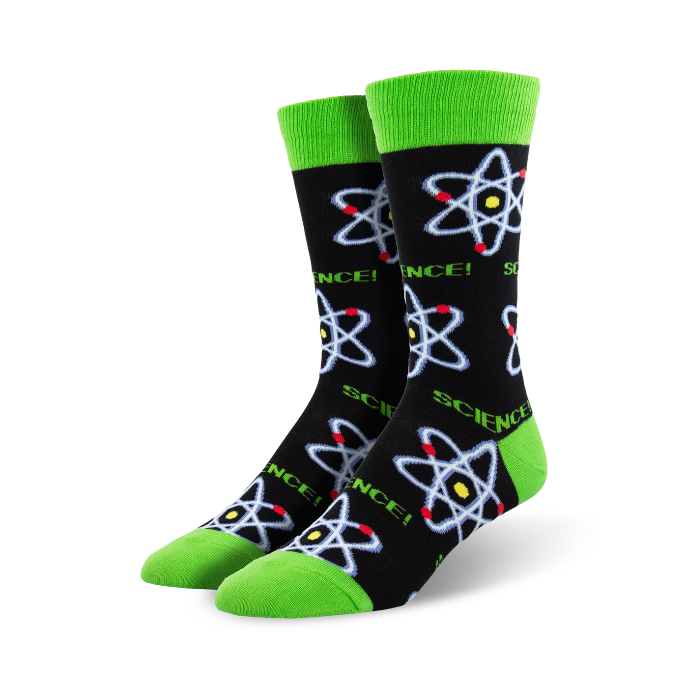 A pair of crew socks with a black background, lime green cuffs, and repeating atom designs in blue, red, and yellow.
