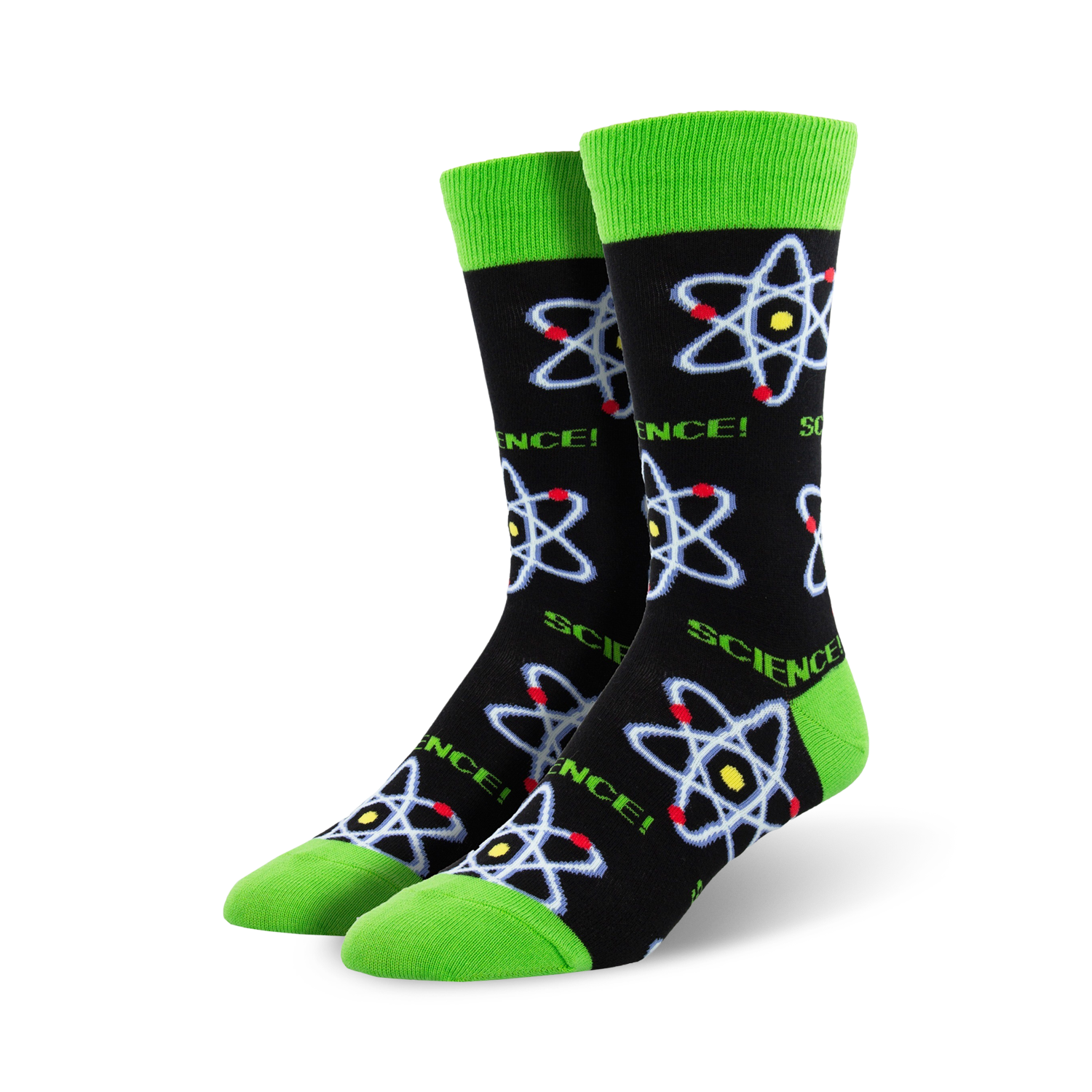A pair of crew socks with a black background, lime green cuffs, and repeating atom designs in blue, red, and yellow.