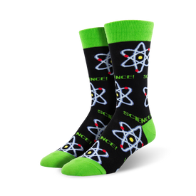 black crew socks with atomic design, yellow nucleus and red electron pattern.  