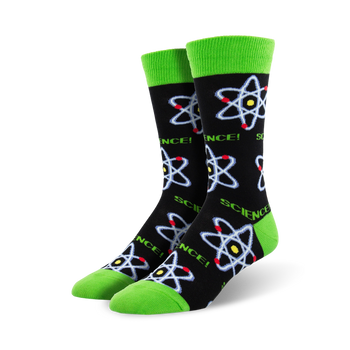 black crew socks with atomic design, yellow nucleus and red electron pattern.  