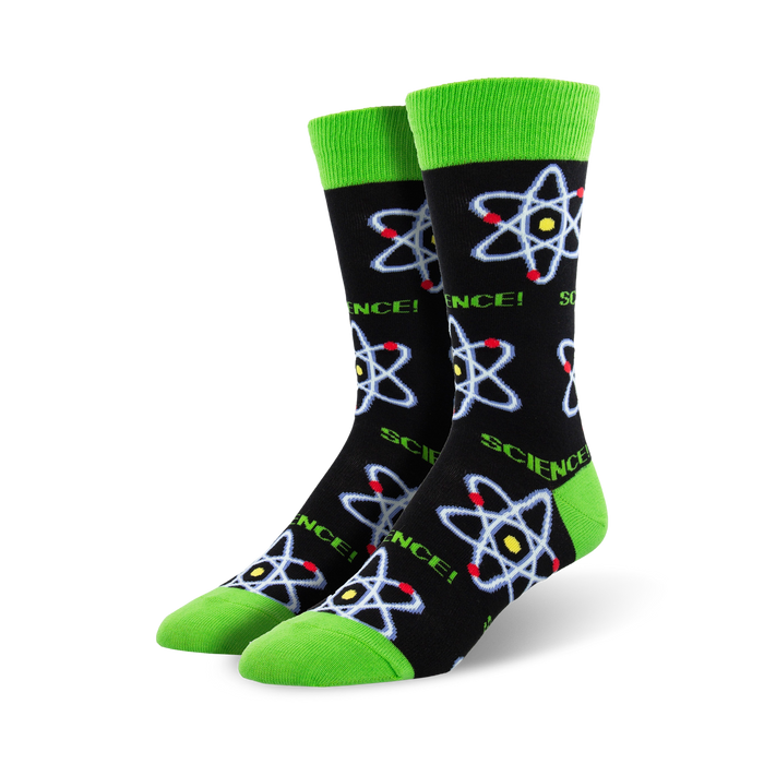 black crew socks with atomic design, yellow nucleus and red electron pattern.   }}