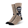 Crew socks in beige and black, featuring a portrait of Abraham Lincoln and text from the Gettysburg Address.