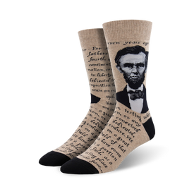 **mens knee high crew dress socks, brown with portrait of abraham lincoln, gettysburg address quote**  