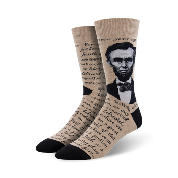 **mens knee high crew dress socks, brown with portrait of abraham lincoln, gettysburg address quote**  