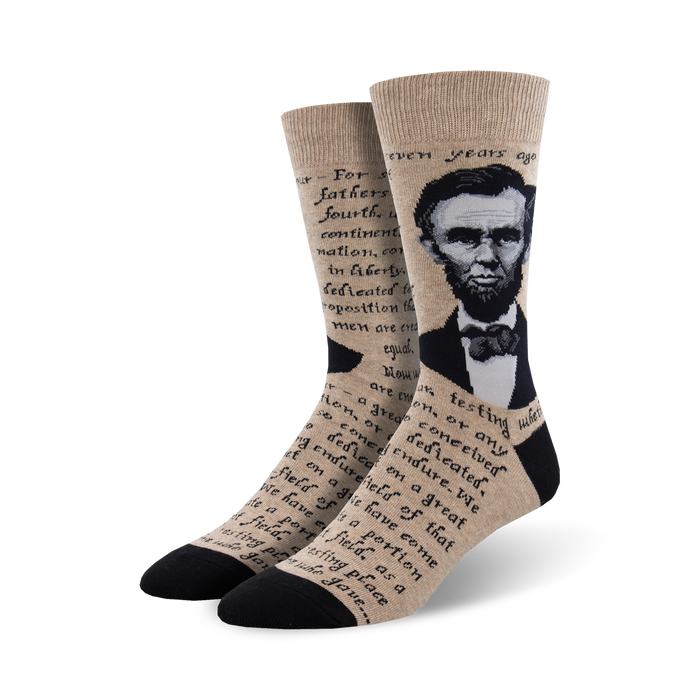 **mens knee high crew dress socks, brown with portrait of abraham lincoln, gettysburg address quote**   }}
