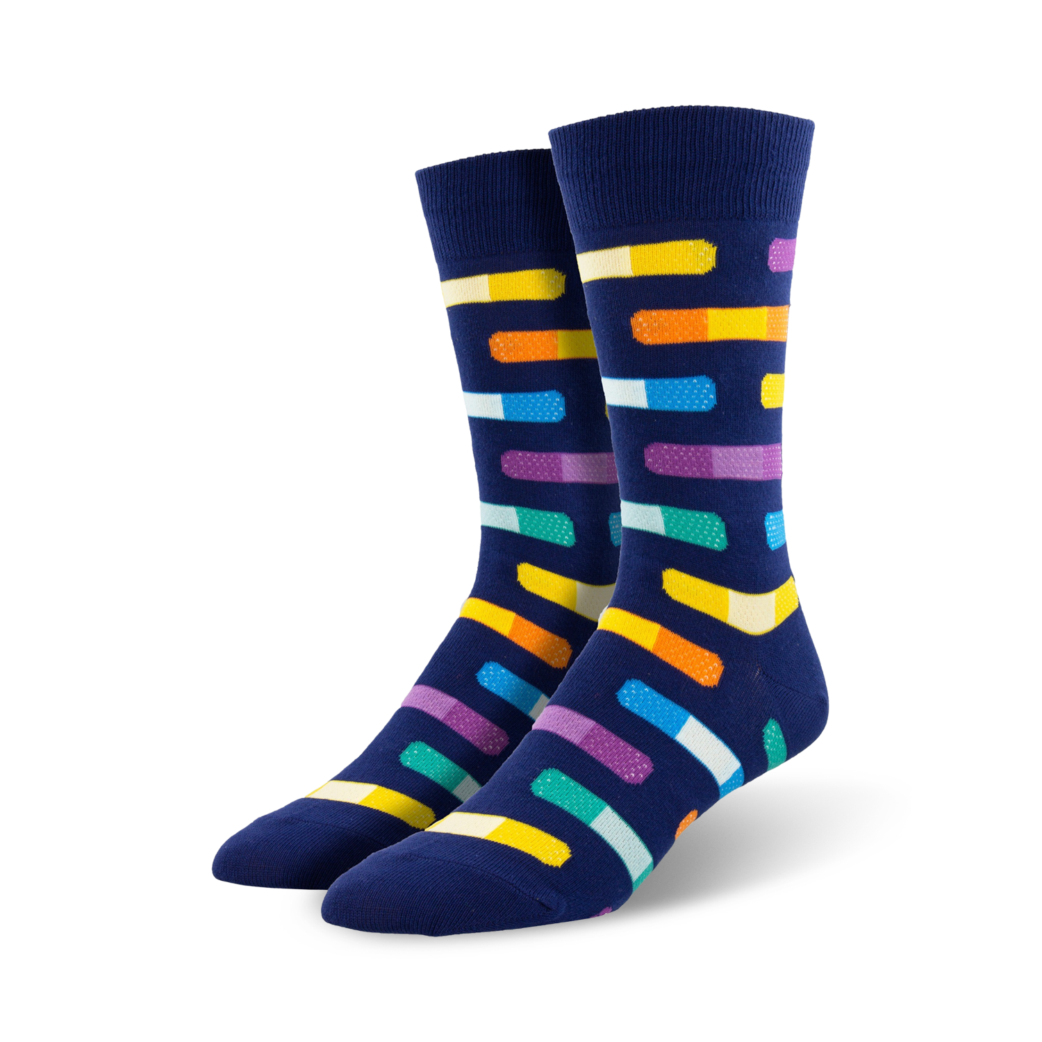 Pair of navy blue crew socks with multicolored pill-shaped designs.  The pills are orange, yellow, purple, teal, and white.