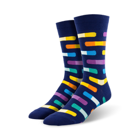 colorful bandages in various colors adorn these blue, funky, and fabulous crew socks made for men. 