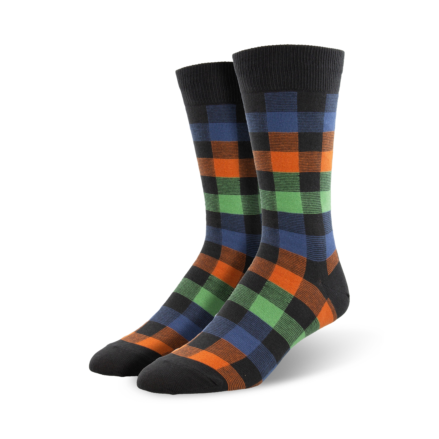 Pair of crew socks in a multicolor buffalo plaid pattern.  Features orange, green, and blue squares on a dark gray background.