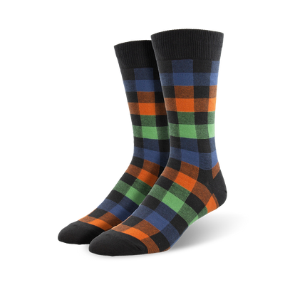 funky buffalo plaid crew socks for men in black, blue, green & orange  