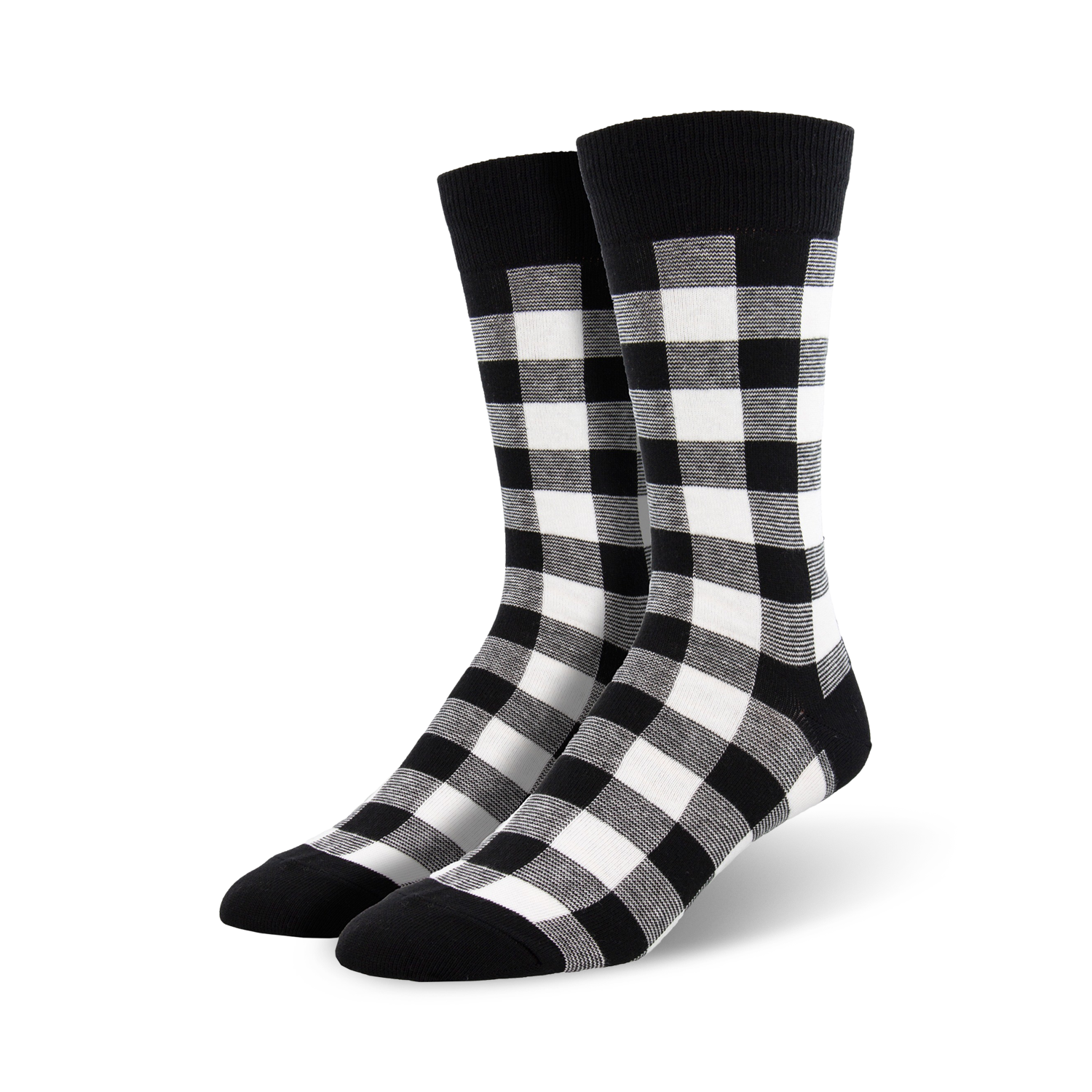 Close-up studio shot of black and white buffalo plaid crew socks.