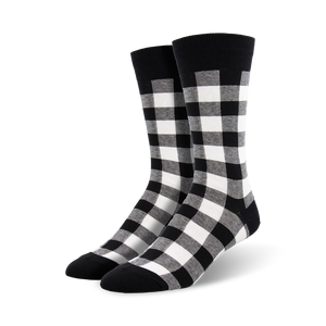  black and white buffalo plaid crew socks for men, funky and fun.  