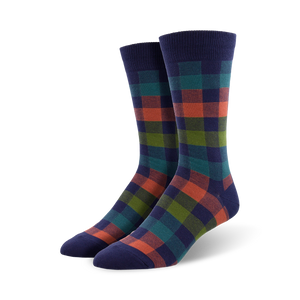 mens crew length funky socks with blue, green, and orange buffalo plaid pattern.  