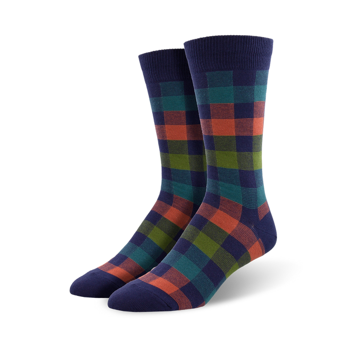 mens crew length funky socks with blue, green, and orange buffalo plaid pattern.  