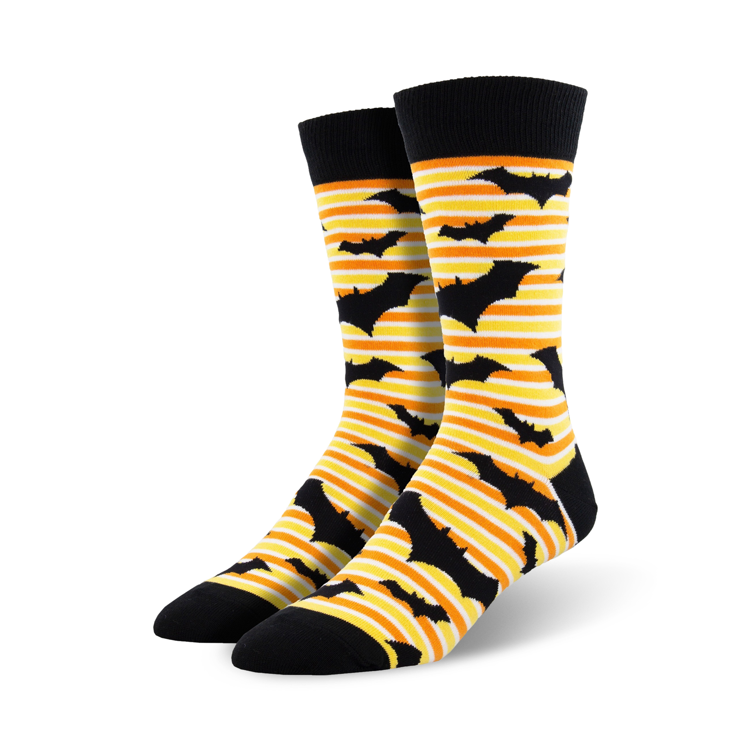 Pair of crew socks with black bats on orange and white stripes.  Black cuff. Fun Halloween design!