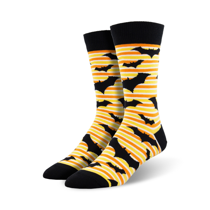 black crew socks with orange and yellow bats. perfect for halloween gifts or parties.   }}