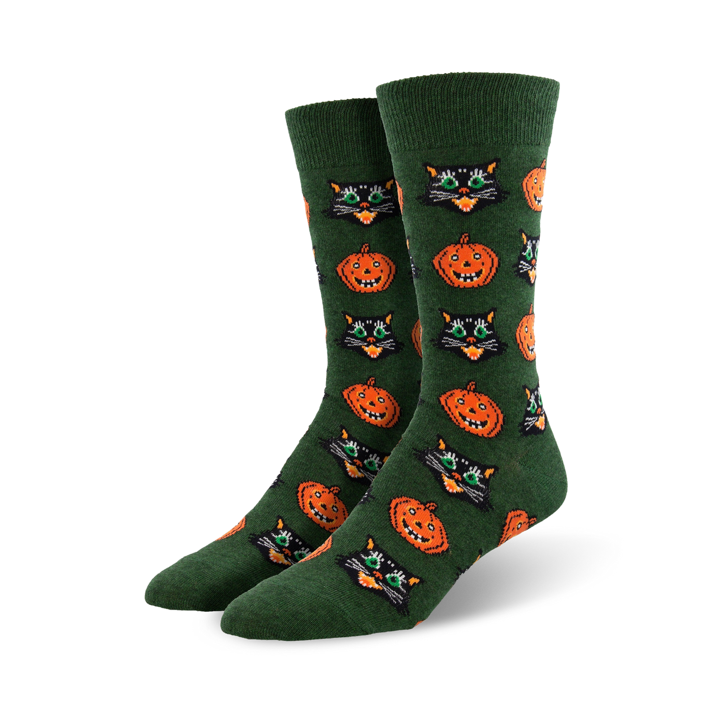 Pair of crew socks in dark green featuring a repeating pattern of grinning jack-o'-lanterns and black cats with bright green eyes.