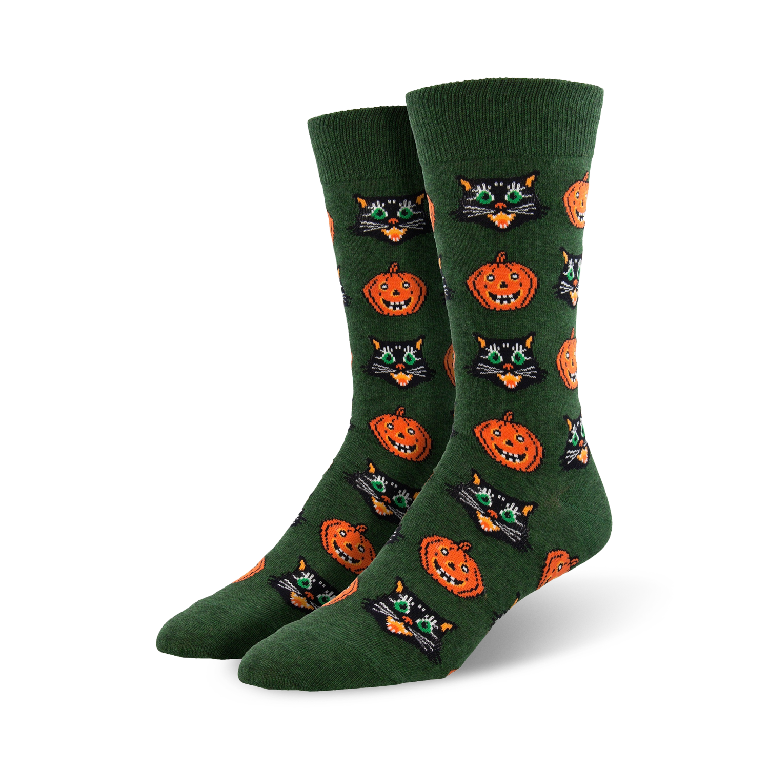 Pair of crew socks in dark green featuring a repeating pattern of grinning jack-o'-lanterns and black cats with bright green eyes.