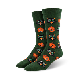 vintage halloween black cat and pumpkin crew socks: mens, crew length, green socks with a festive halloween pattern of black cats with green eyes and orange pumpkins with orange eyes.   