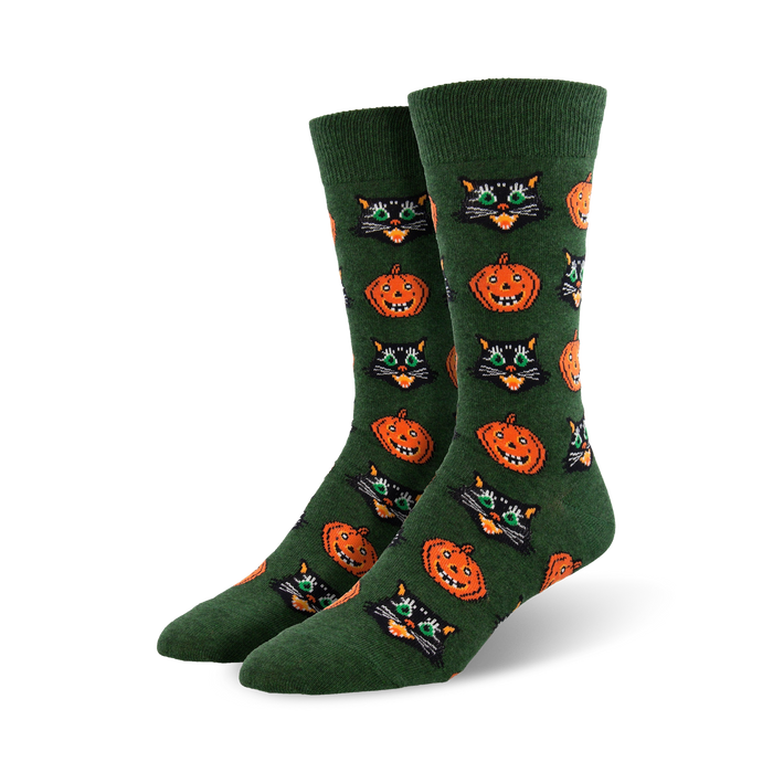 vintage halloween black cat and pumpkin crew socks: mens, crew length, green socks with a festive halloween pattern of black cats with green eyes and orange pumpkins with orange eyes.    }}