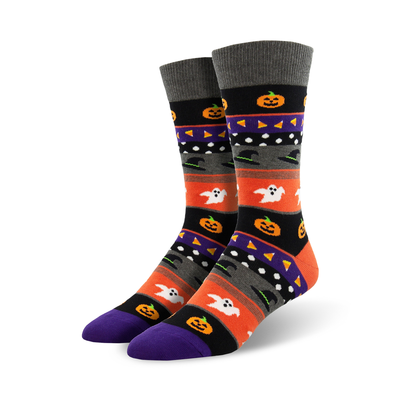 A pair of crew socks with a Halloween theme. The design includes orange, purple, black, and grey stripes with pumpkins, ghosts, and witches' hats.