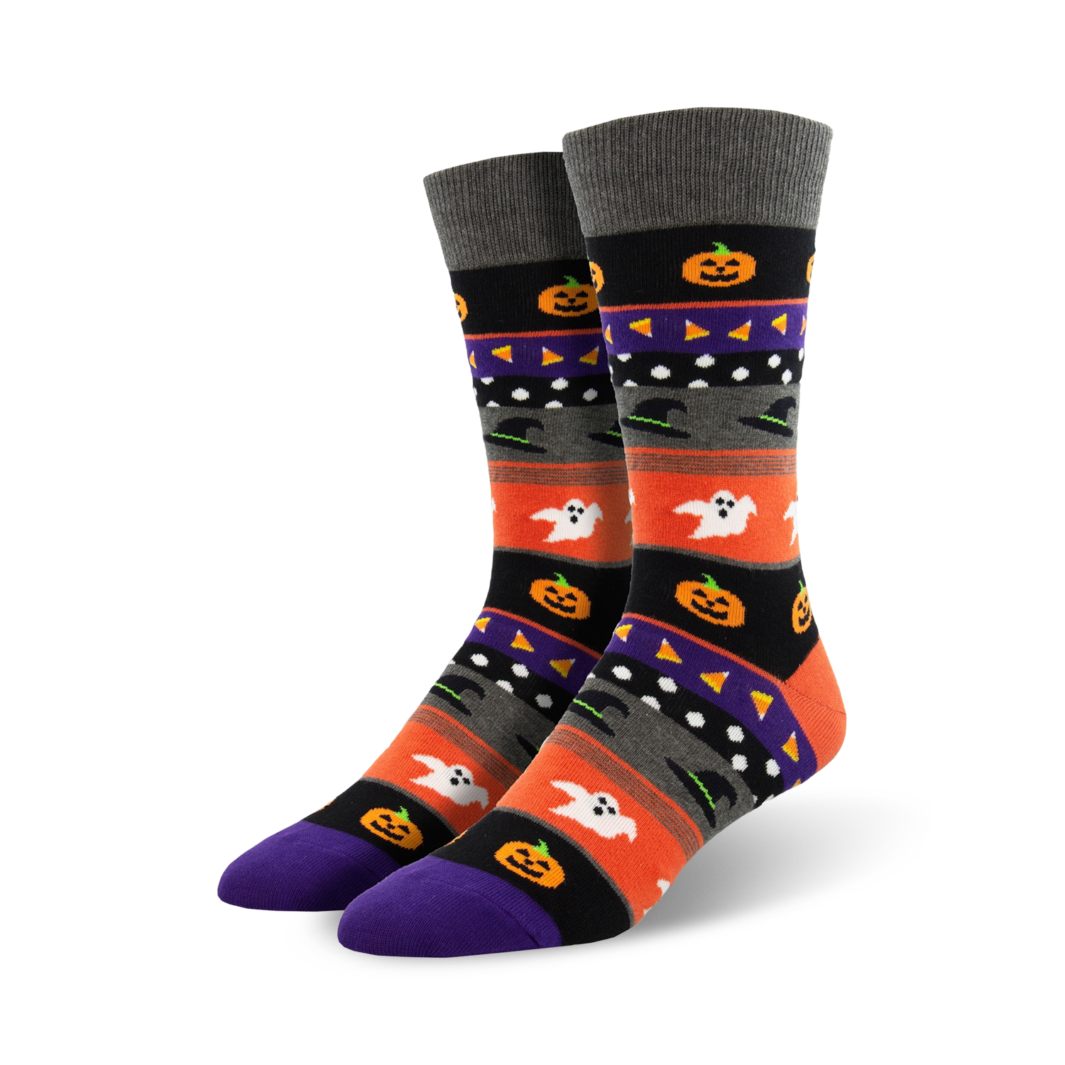 A pair of crew socks with a Halloween theme. The design includes orange, purple, black, and grey stripes with pumpkins, ghosts, and witches' hats.