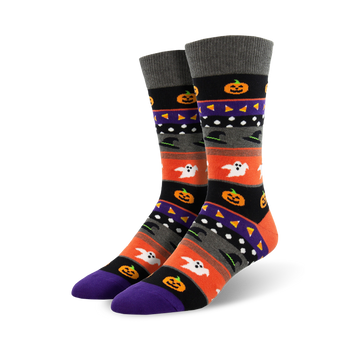  black crew socks with gray and orange stripes with purple toes and heels; halloween icons allover print; men's.   