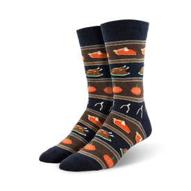 mens crew socks in brown, orange, green, and blue with wishbones, food-laden plates, whole turkeys, and pumpkins pattern. perfect for thanksgiving.   