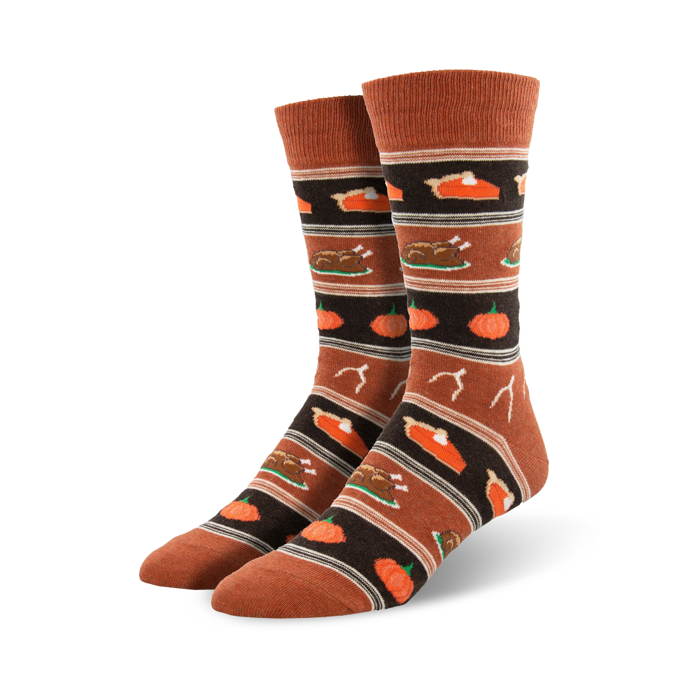 Close-up view of Thanksgiving Dinner socks in burnt orange colorway, showcasing the detailed pattern.