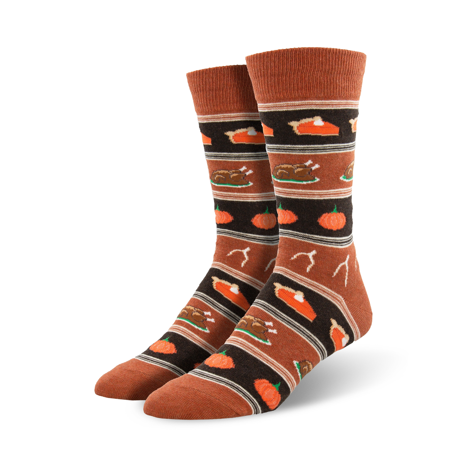 Close-up view of Thanksgiving Dinner socks in burnt orange colorway, showcasing the detailed pattern.