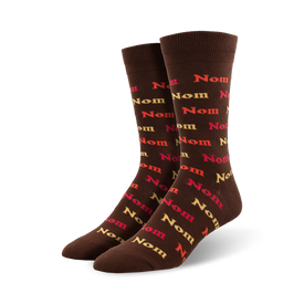 brown crew socks with multi-colored "nom" graphics, perfect for thanksgiving.  