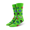 Pair of crew socks, green and red, with a whimsical pattern of illustrated ugly Christmas sweaters.