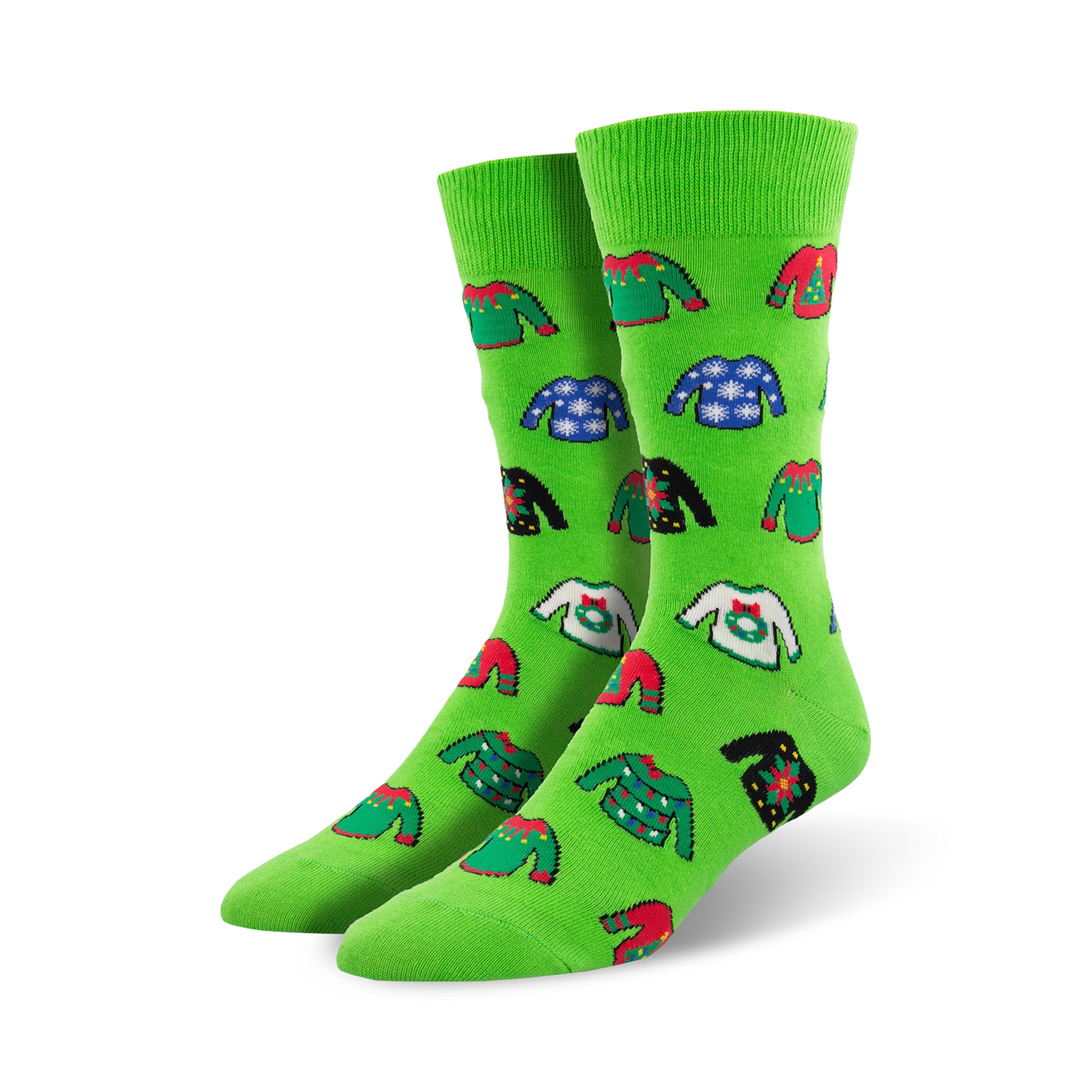 Pair of crew socks, green and red, with a whimsical pattern of illustrated ugly Christmas sweaters.