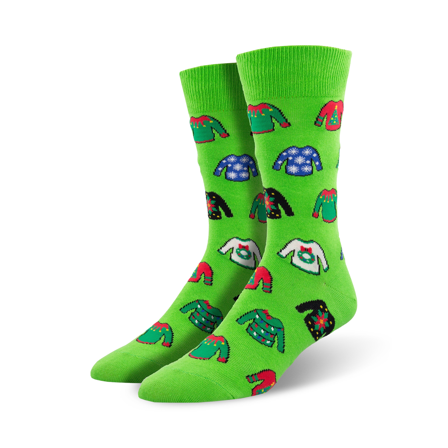 Pair of crew socks, green and red, with a whimsical pattern of illustrated ugly Christmas sweaters.
