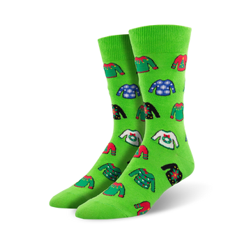 bright green crew socks featuring various designs of ugly christmas sweaters. perfect for men who love the holiday spirit.     