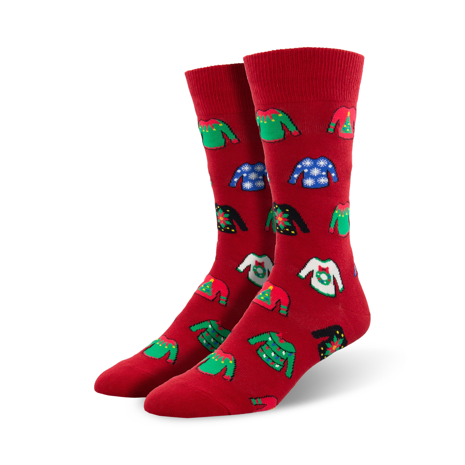 Close-up showing the detailed design of the red Ugly Sweater socks.