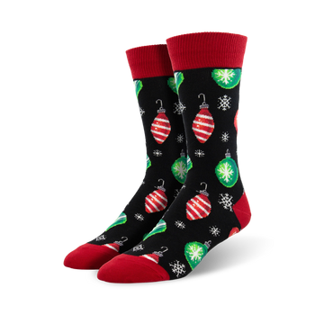 black christmas ornament mens crew socks, black, red, green, white.   