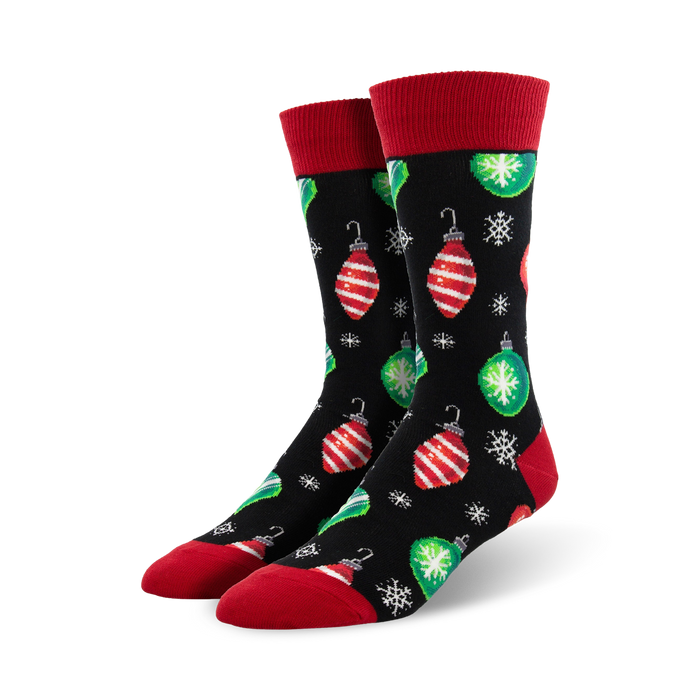 black christmas ornament mens crew socks, black, red, green, white.    }}