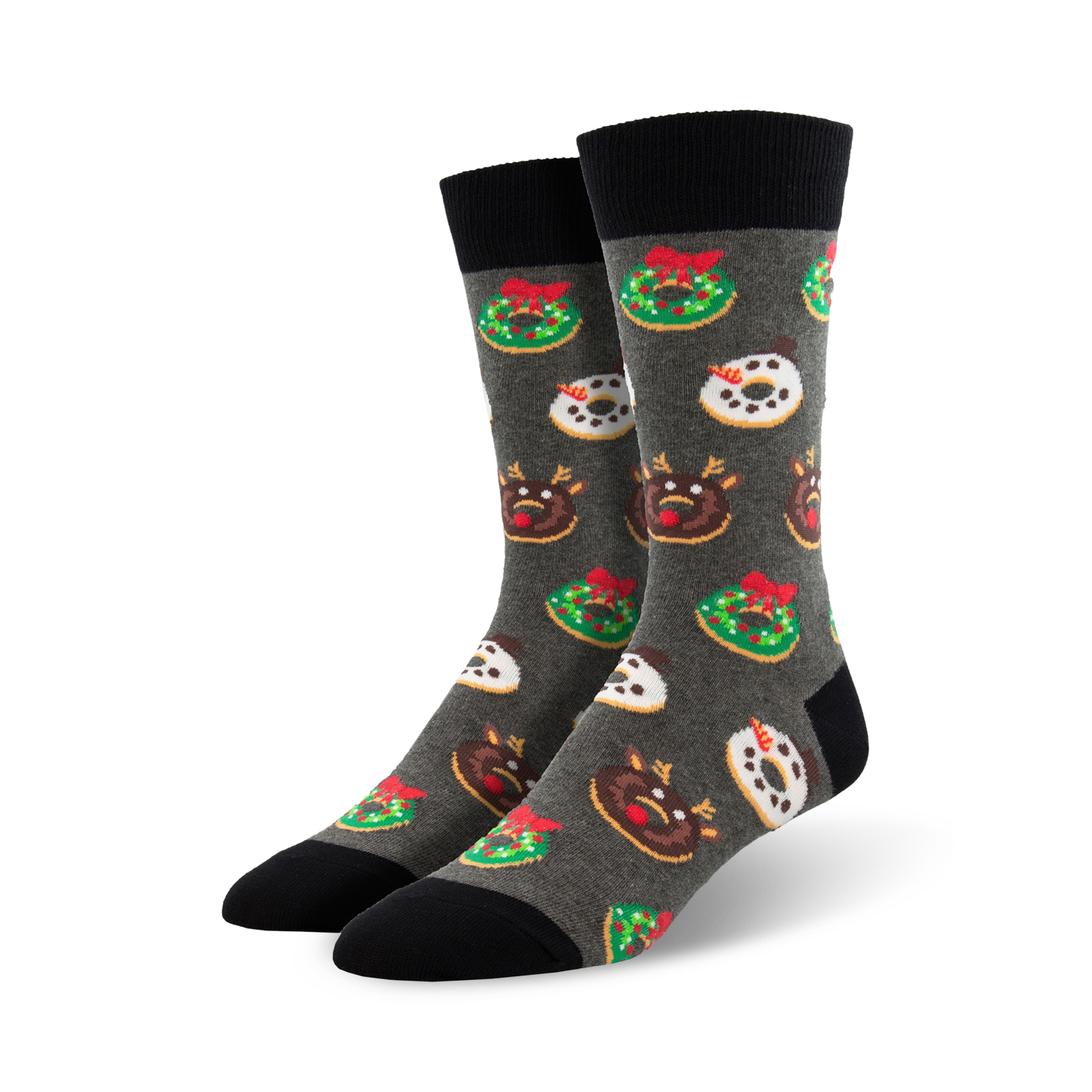 Crew socks in grey with a fun Christmas design. Features donuts decorated as wreaths, reindeer, and snowmen. Red, green, and white accents on a dark grey background.