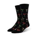 Pair of black crew socks with a pattern of pixelated Christmas cocktails: martinis, wine glasses, and candy canes.